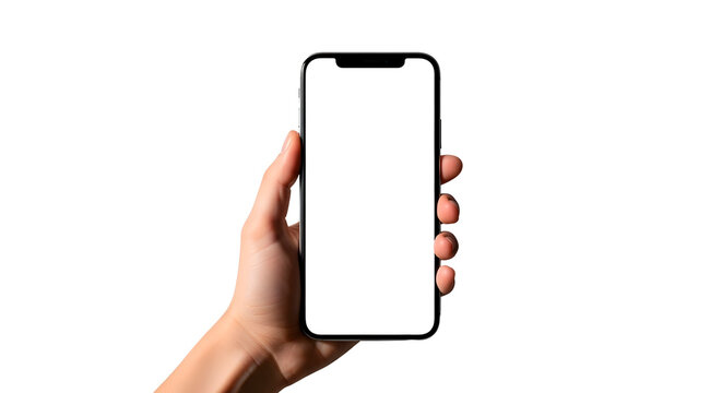 Hand holding a smartphone with a blank white screen isolated on transparent background