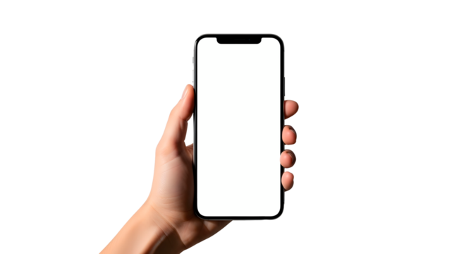 Hand holding a smartphone with a blank white screen isolated on transparent background