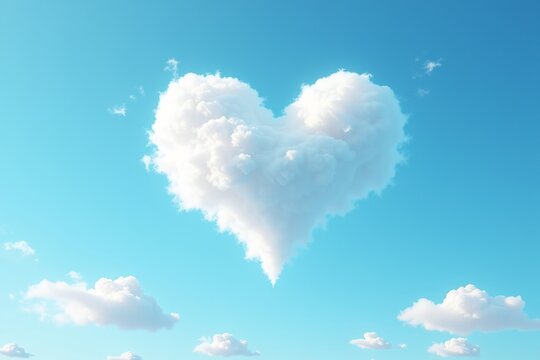 A fluffy white cloud shaped like a heart floats against a clear, vibrant blue sky symbolizing love and serenity in natures embrace.