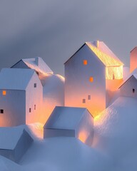 Snowy Village Scene With Warm Light