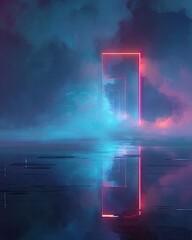 Glowing Neon Portal Through Clouds Over Water