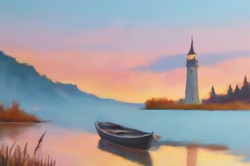 A serene sunset scene with a small fishing boat gently floating on calm, turquoise waters. Soft pastel hues of orange and blue blend in the sky and reflection, while distant trees and hills frame the