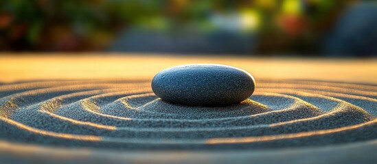 Smooth grey stone resting in the center of carefully raked concentric sand circles symbolizing calm and tranquility in a peaceful natural setting