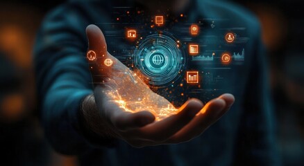 Close-up of a hand holding a glowing futuristic digital interface with holographic icons and data elements representing technology and connectivity