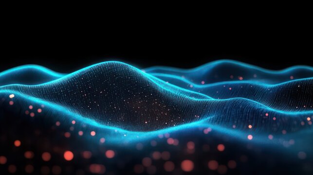 Abstract digital landscape with glowing blue waveforms and scattered orange light particles creating a futuristic, flowing 3D effect - Powered by Adobe