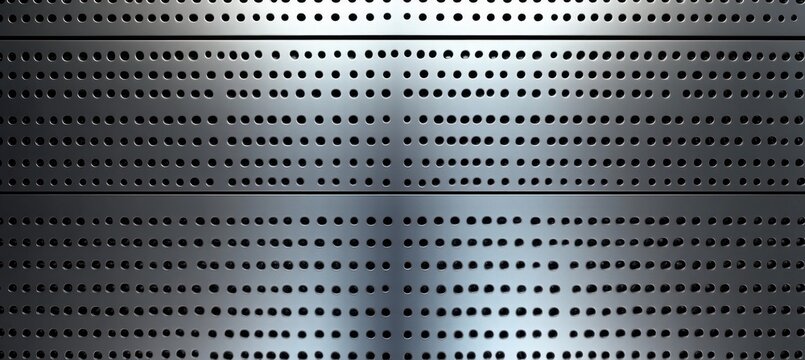 Close-up view of a metallic perforated surface with uniform circular holes creating a pattern and reflecting light with a gradient effect
