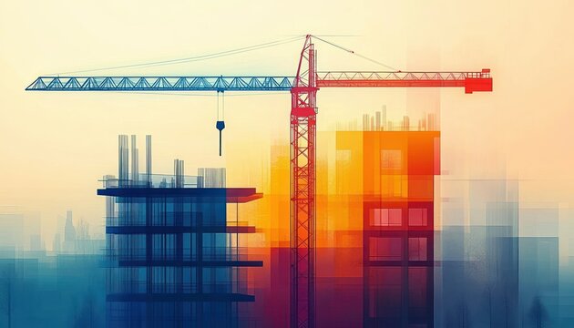 Abstract digital illustration of two high-rise buildings under construction with a large crane at sunset creating a vibrant orange and blue gradient background