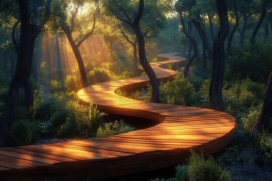 Curving wooden pathway winding through a sunlit dense forest with lush greenery and tall trees casting shadows in the golden morning light