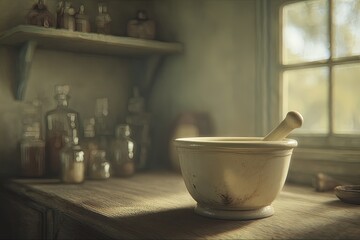 Antique Mortar And Pestle In Old Kitchen Interior