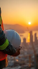 Construction Worker Holding Safety Helmet Sunrise City View