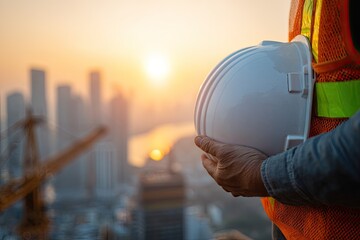 Construction Worker Holding Safety Helmet At Sunrise City View