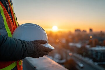 Construction Worker Holding Safety Helmet At Sunrise Over City