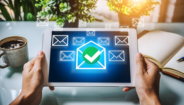 Hands Holding Tablet with Digital Email Notification Concept