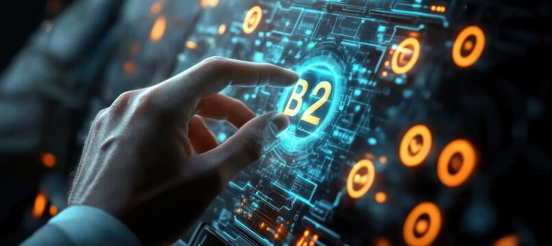 Close-up of a hand interacting with a futuristic transparent touchscreen displaying glowing orange and blue digital interface with the text B2