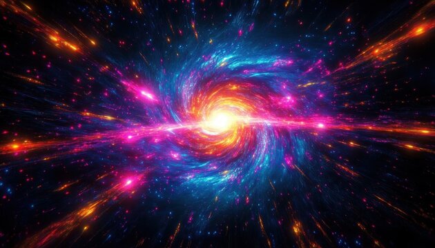 Bright swirling galaxy with colorful glowing particles, intense light core radiating vibrant blue, purple, and orange hues in outer space - Powered by Adobe