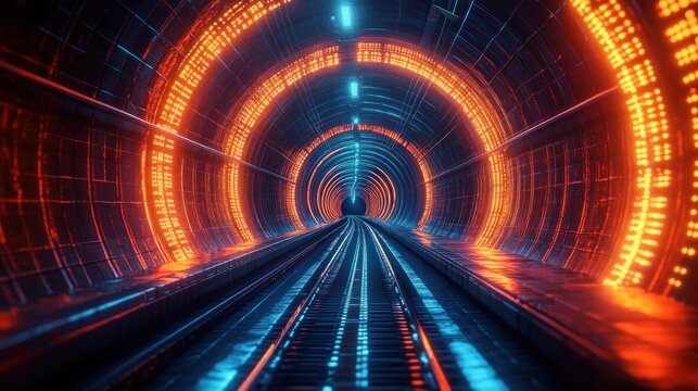 Futuristic tunnel with glowing orange and blue lights lining curved walls and railway tracks extending into darkness, evoking a sense of mystery and technological advancement