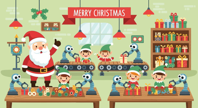 Santa claus and elves working together in a workshop with robotic arms building toys and wrapping gifts for christmas