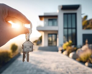 Hand Holding House Keys Modern Home Exterior