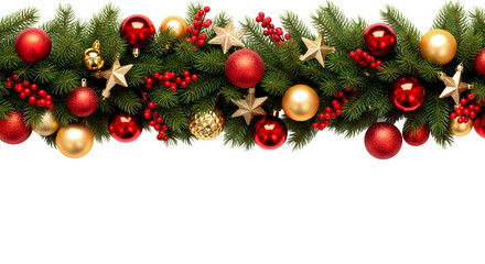 Fototapeta premium Christmas garland with red and gold ornaments isolated on transparent background