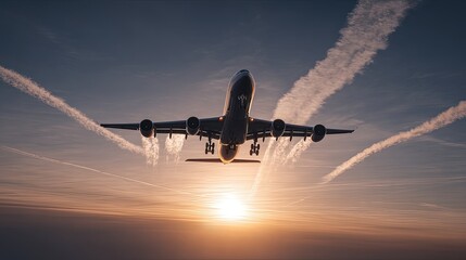 Airplane Landing At Sunset With Contrails