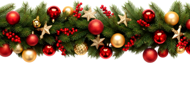 Christmas garland with red and gold ornaments isolated on transparent background