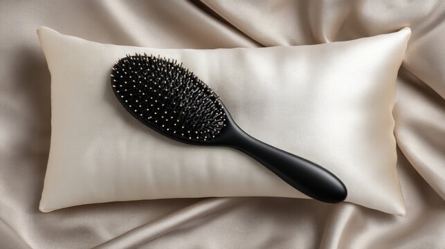 Elegant black hairbrush resting on a pale silk pillow, showcasing beauty and hair care essentials for stylish lifestyle and personal grooming photography.