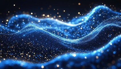Glowing blue wavy particles creating a sparkling, dynamic abstract landscape with golden light bokeh highlights showing motion and depth