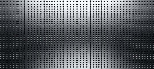 Close-up view of a metallic perforated sheet with evenly spaced circular holes creating a geometric pattern and light reflections