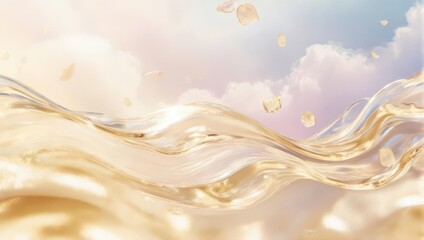 Abstract golden wave against a dreamy sky background, ethereal and calming.