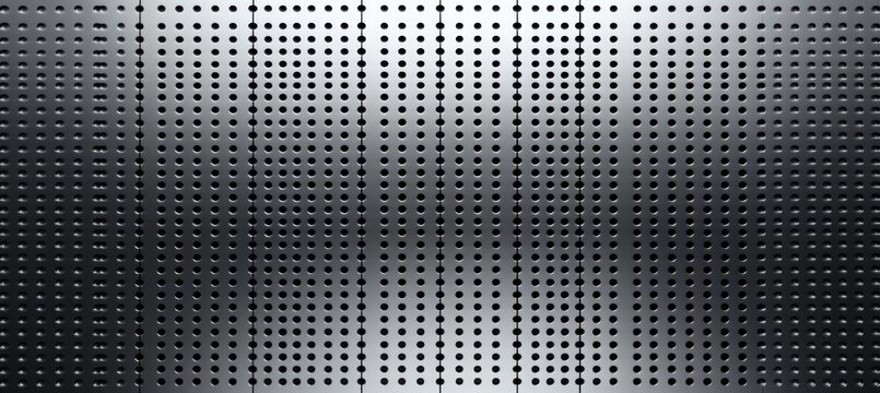 Close-up view of a metallic perforated sheet with evenly spaced circular holes creating a geometric pattern and light reflections - Powered by Adobe