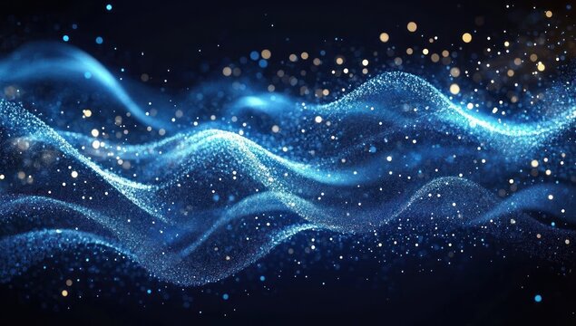Abstract flowing waves of glowing blue particles with scattered golden dots on a dark background creating a sense of motion and depth