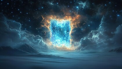 Surreal cosmic landscape with a glowing celestial portal surrounded by stormy clouds and sparkling stars over icy mountains