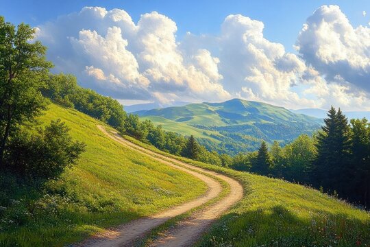 Winding dirt road through lush green hills under a bright blue sky filled with fluffy white clouds evoking tranquility and natural beauty