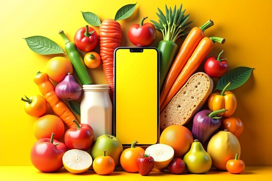 A vibrant, colorful arrangement of fresh fruits and vegetables surrounds a smartphone with a yellow screen, set against a bright yellow background  symbolizing healthy eating, digital health tracking,