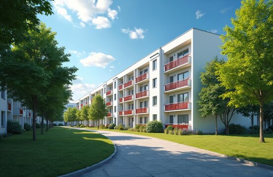 Modern apartment building with red balconies and green trees in front. White facade residential complex under blue sky with clouds. Sunny day exterior view of urban housing development.