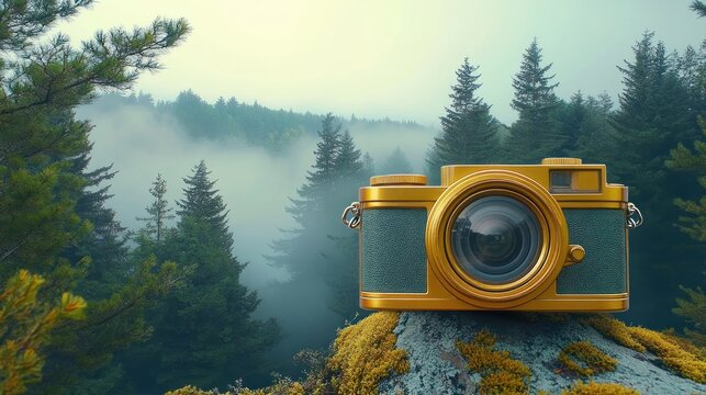 Vintage camera with green body and golden accents placed on mossy tree trunk overlooking misty pine forest in early morning light