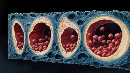 Cross section of a blue porous cylindrical structure containing multiple red spherical cells inside varying sized cavities with detailed textures
