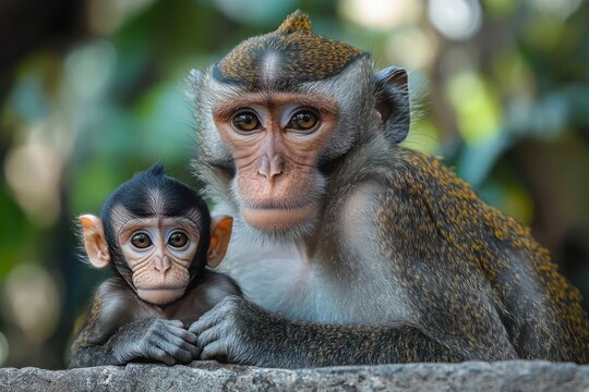 Close-up of an adult monkey and its baby sitting together with calm and protective expressions against a blurred natural background