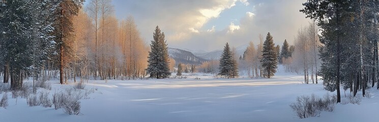 Peaceful snowy forest landscape at sunrise with tall pine and leafless trees casting long shadows over a frozen ground under a cloudy sky