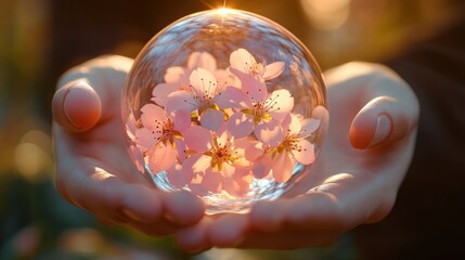 hands gently holding a transparent glass sphere reflecting delicate pink cherry blossoms illuminated by warm sunlight creating a soft and peaceful atmosphere