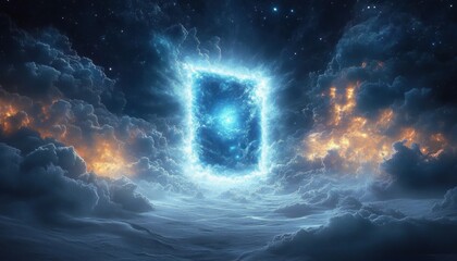 Surreal cosmic scene with a glowing rectangular portal of blue light surrounded by luminous clouds against a starry night sky, evoking mystery and wonder