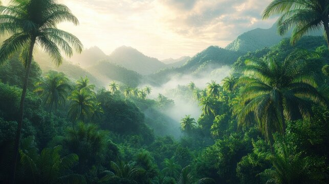 Lush green tropical rainforest with tall palm trees and misty layers of hills under a soft glowing sunrise sky