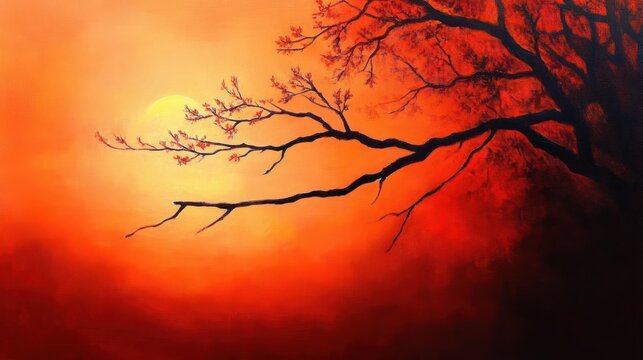 Silhouetted tree branches with sparse leaves extending against a glowing orange sunset sky creating a peaceful and warm atmosphere