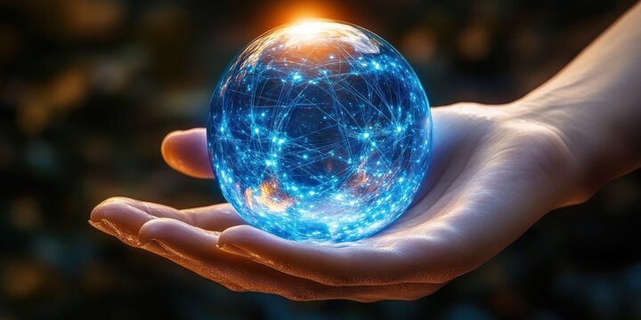 A glowing blue digital network sphere floating above an open human hand with a warm light shining from behind, symbolizing technology and connectivity