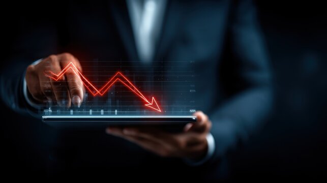 Businessman Analyzing Stock Market Trends with Digital Graph on Tablet in Dark Environment Showing Declining Financial Performance