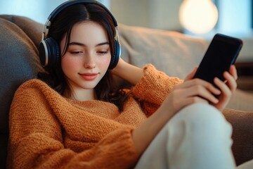 young woman relaxing on sofa wearing headphones and holding smartphone enjoying music or podcast with a calm and content expression
