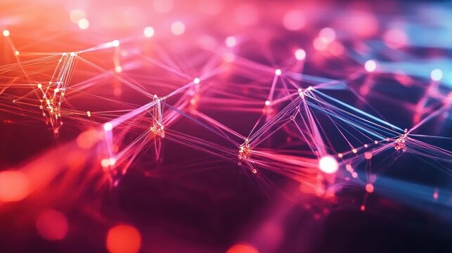 Abstract network of interconnected glowing points linked by fine threads in vibrant pink and blue hues conveying connectivity and digital communication
