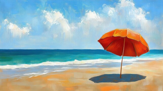 Bright orange beach umbrella casting shadow on sandy shore with calm blue ocean waves and partly cloudy sky