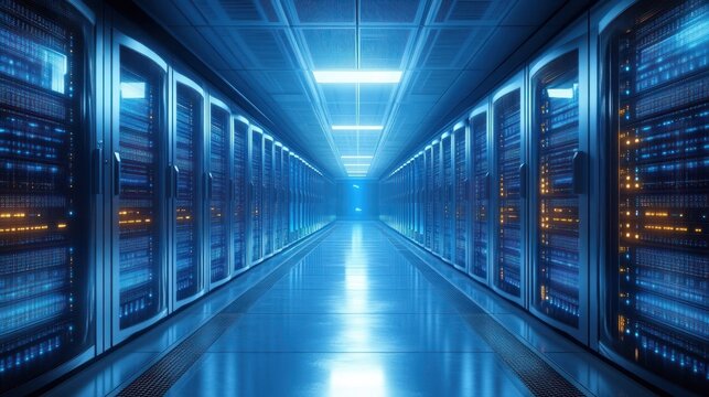 Endless corridor of glowing blue and orange illuminated server racks in a high-tech data center with polished reflective floor and bright ceiling lights