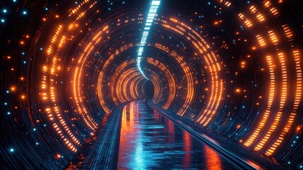 Futuristic illuminated tunnel with glowing orange and blue lights reflecting on sleek wet floor conveying a high-tech sci-fi atmosphere